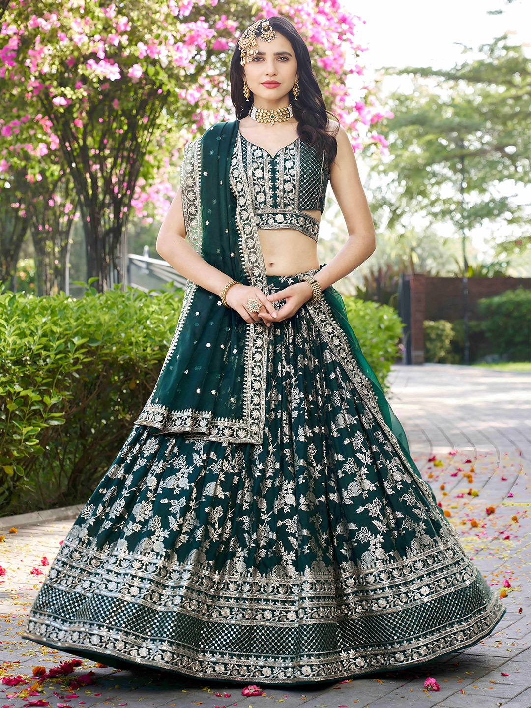 FABPIXEL Sequins Zari Embroidered Work Dola Silk Jacquard Lehenga Choli with Dupatta