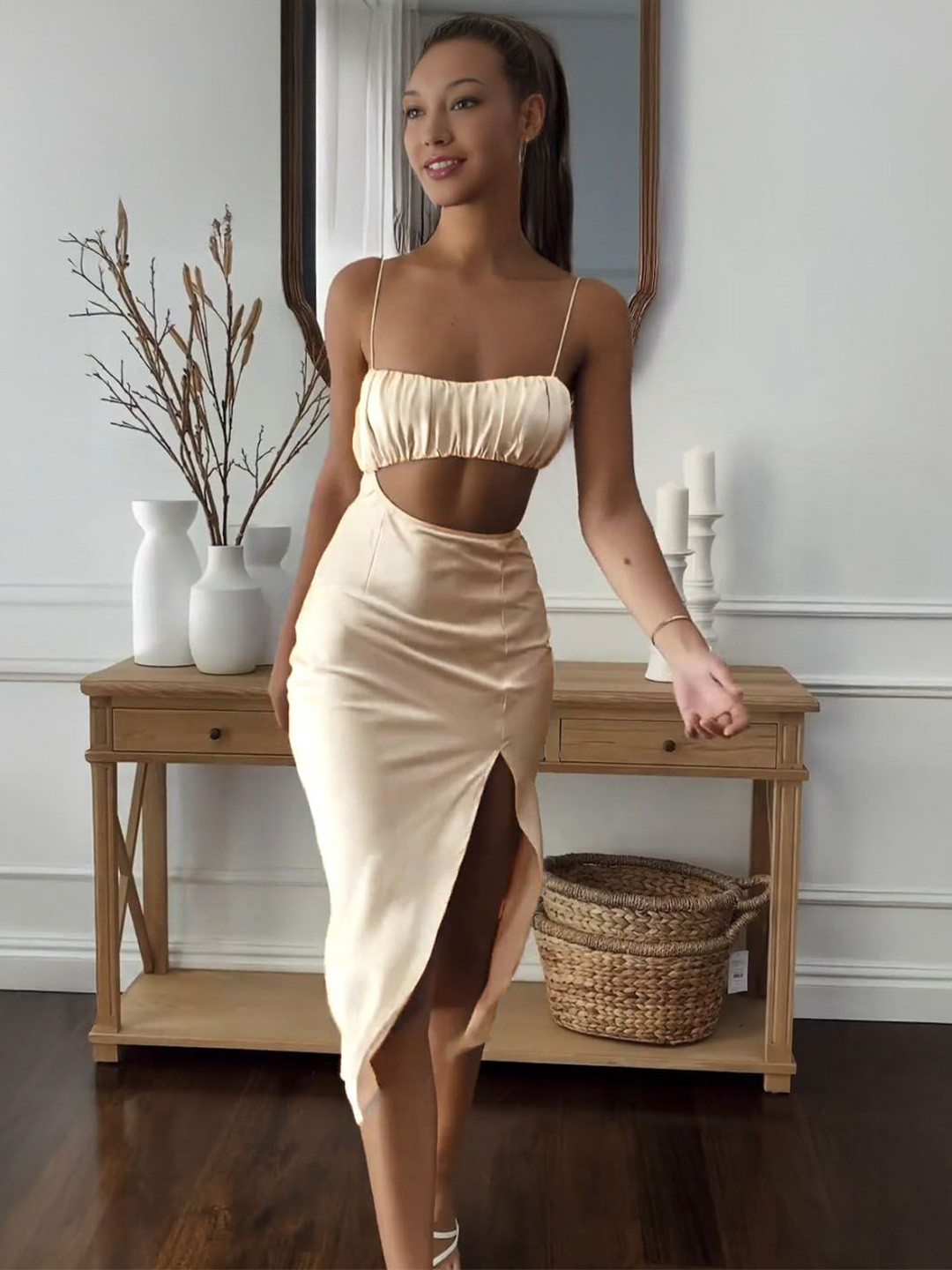 StyleCast Square Neck Bodycon Silk Dress