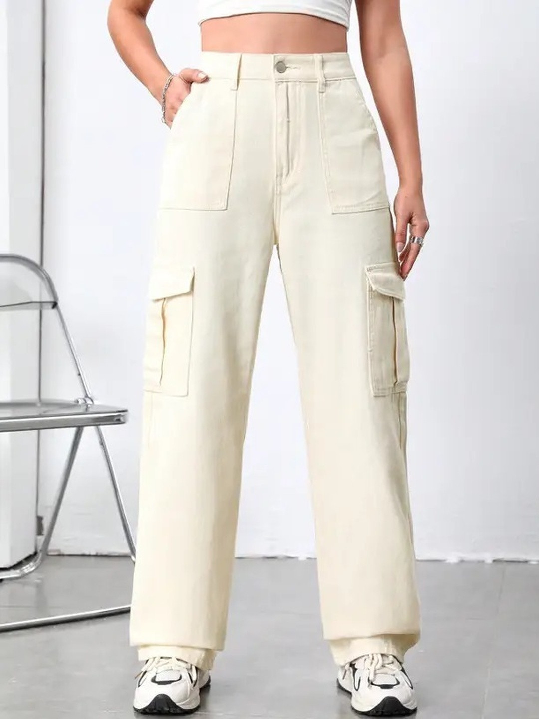 Ds Fashion Women Cream 6 pocket High-Rise Denim Baggy Jeans