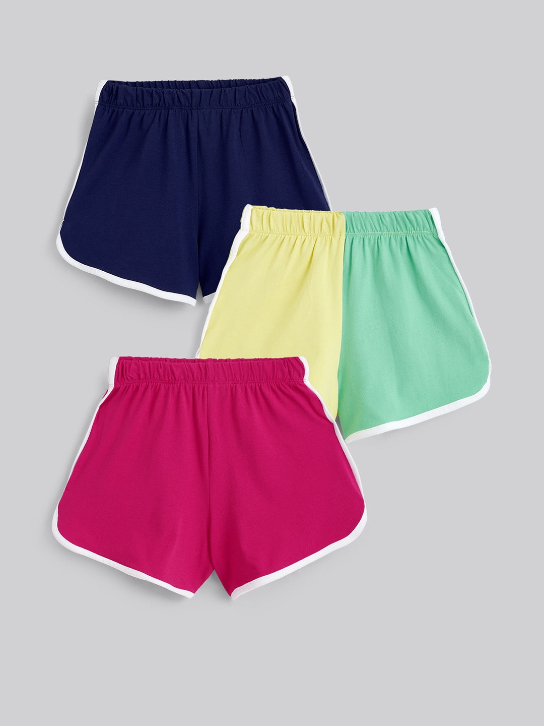Hopscotch Women Multi Colored Pack of 3 Cotton Contrast Trim Shorts