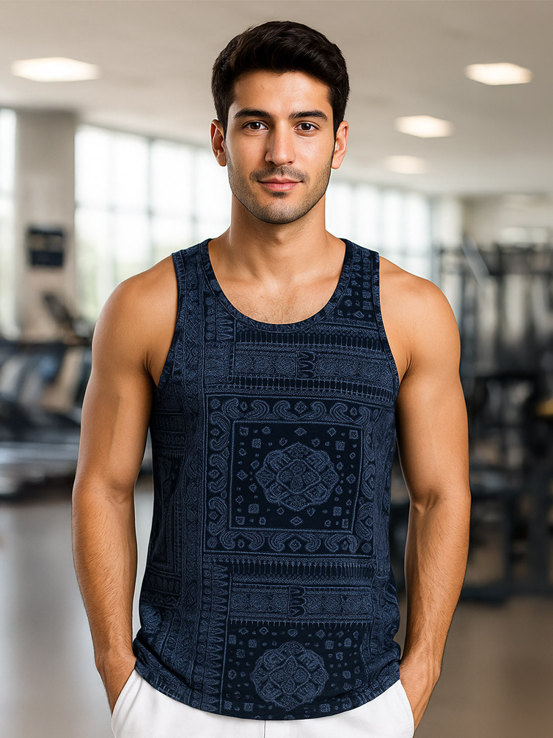 VEIRDO Navy Blue Ethnic Printed Sleeveless Pure Cotton T-shirt