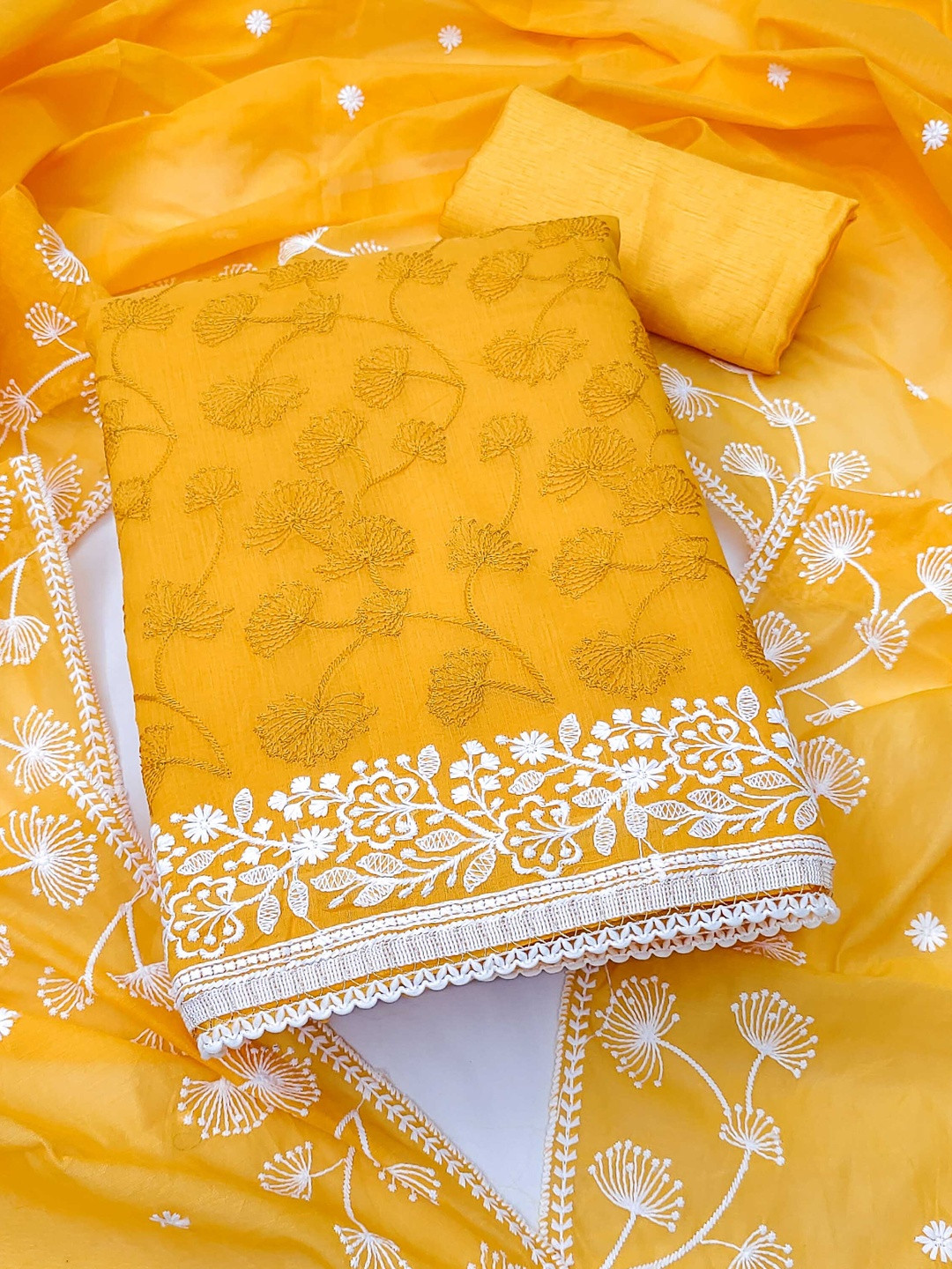 KALINI Women Yellow Chanderi Silk Embroidered Unstitched Dress Material with Dupatta
