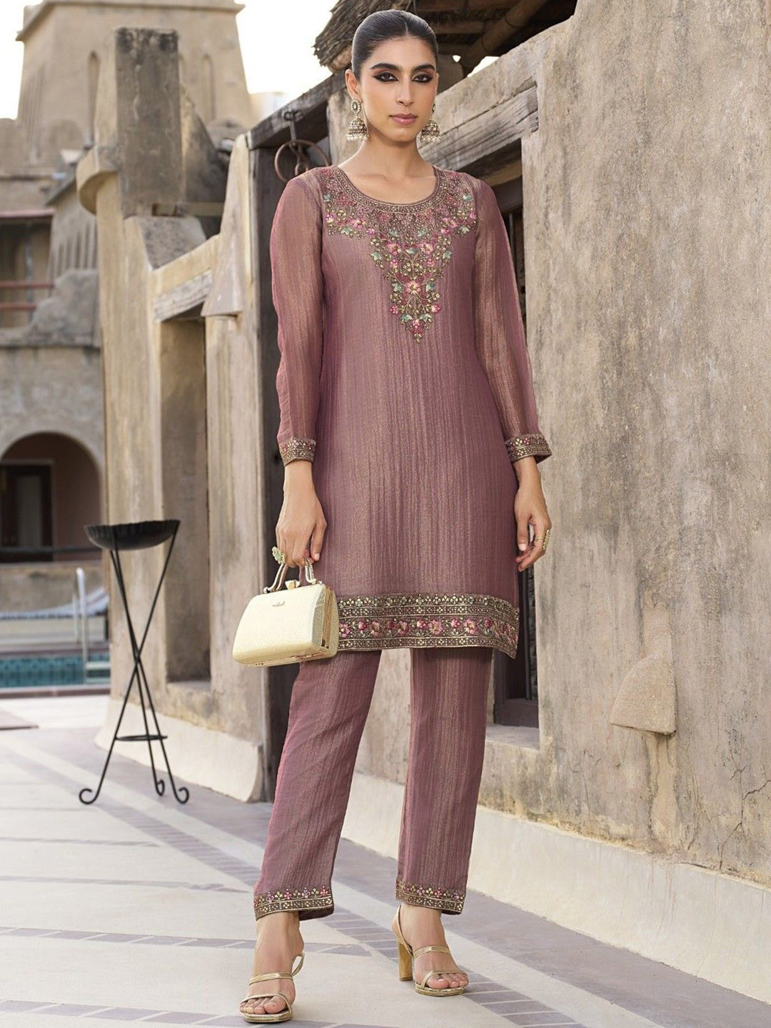 AUTUMN LANE Rajshree Caramel Work Tunic With Trousers Co-Ords