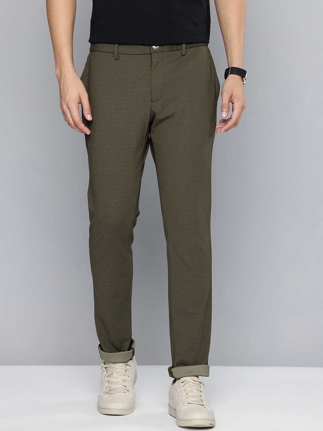 Indian Terrain Men Urban Comfort Fit Self Design Textured Casual Trousers