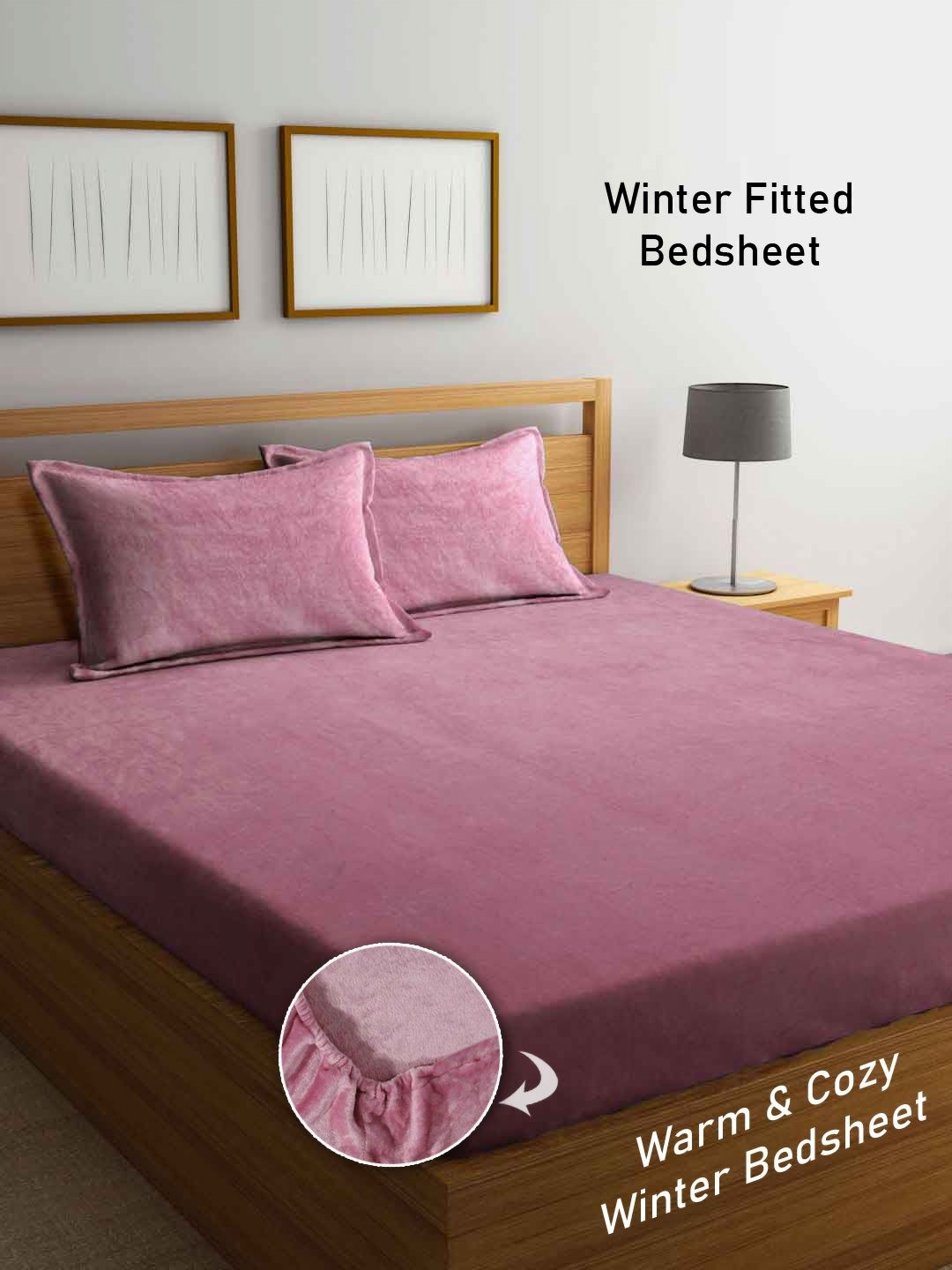 Aura Onion Pink Solid Woolen King Size Fitted Bedsheet & 2 Pillow Covers 2.35 m X 2.15 m