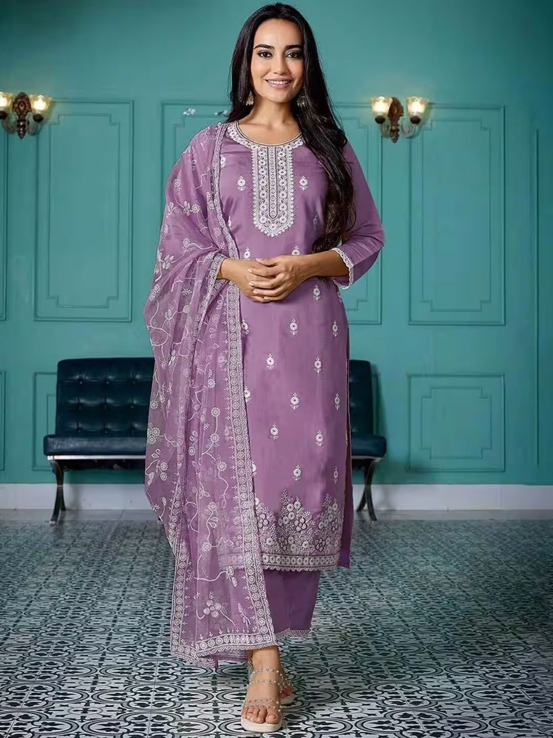 NARI DREAM Women Ethnic Motifs Embroidered Regular Thread Work Kurti with Trousers & With Dupatta