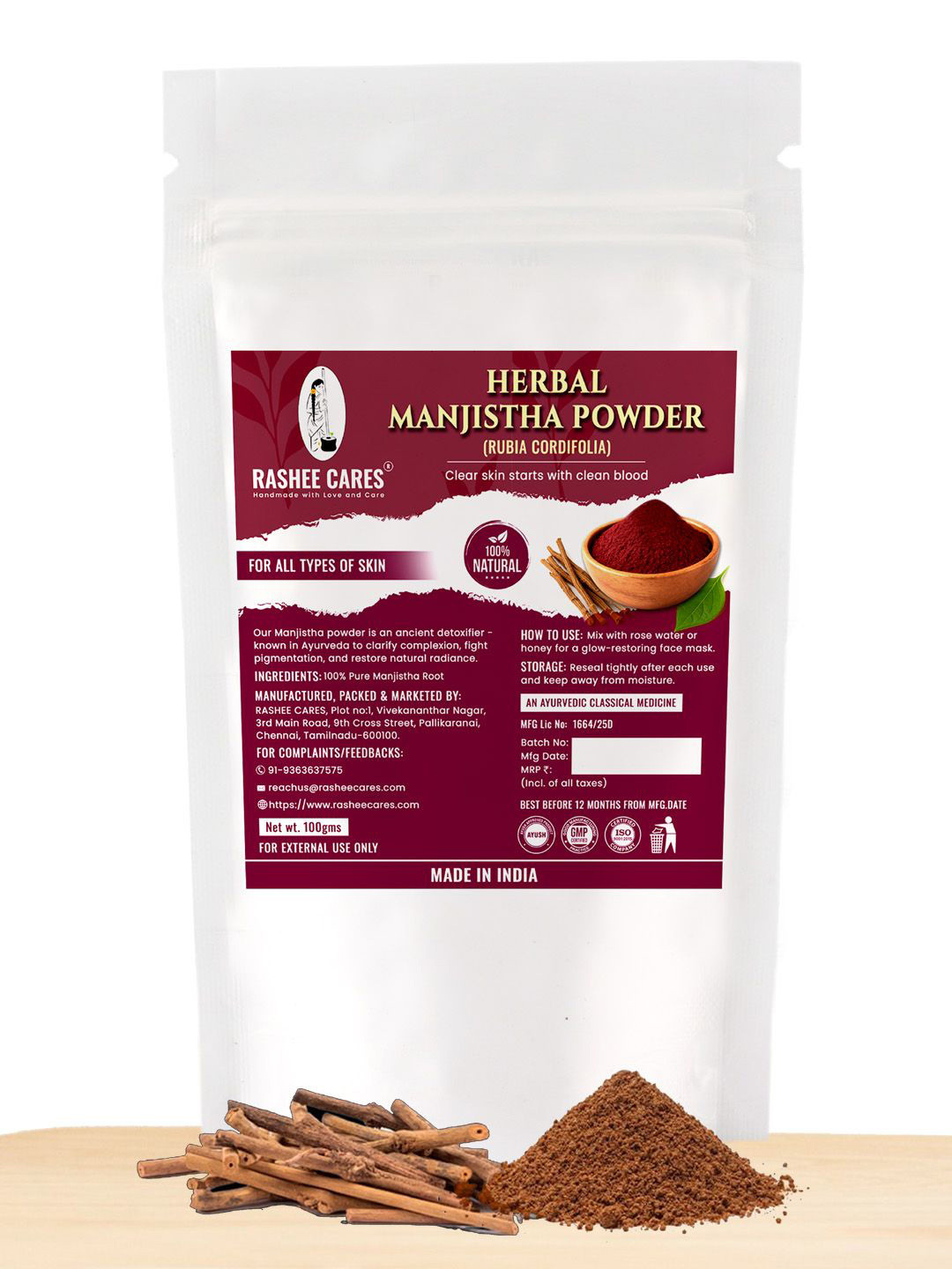 RASHEE CARES Herbal Manjistha Powder For Soothing Skin - 100 g