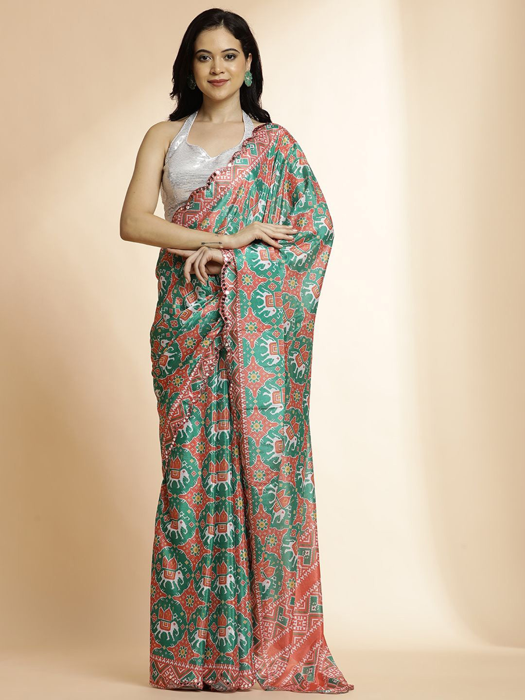 Desi Fusion Mirror Work Satin Saree