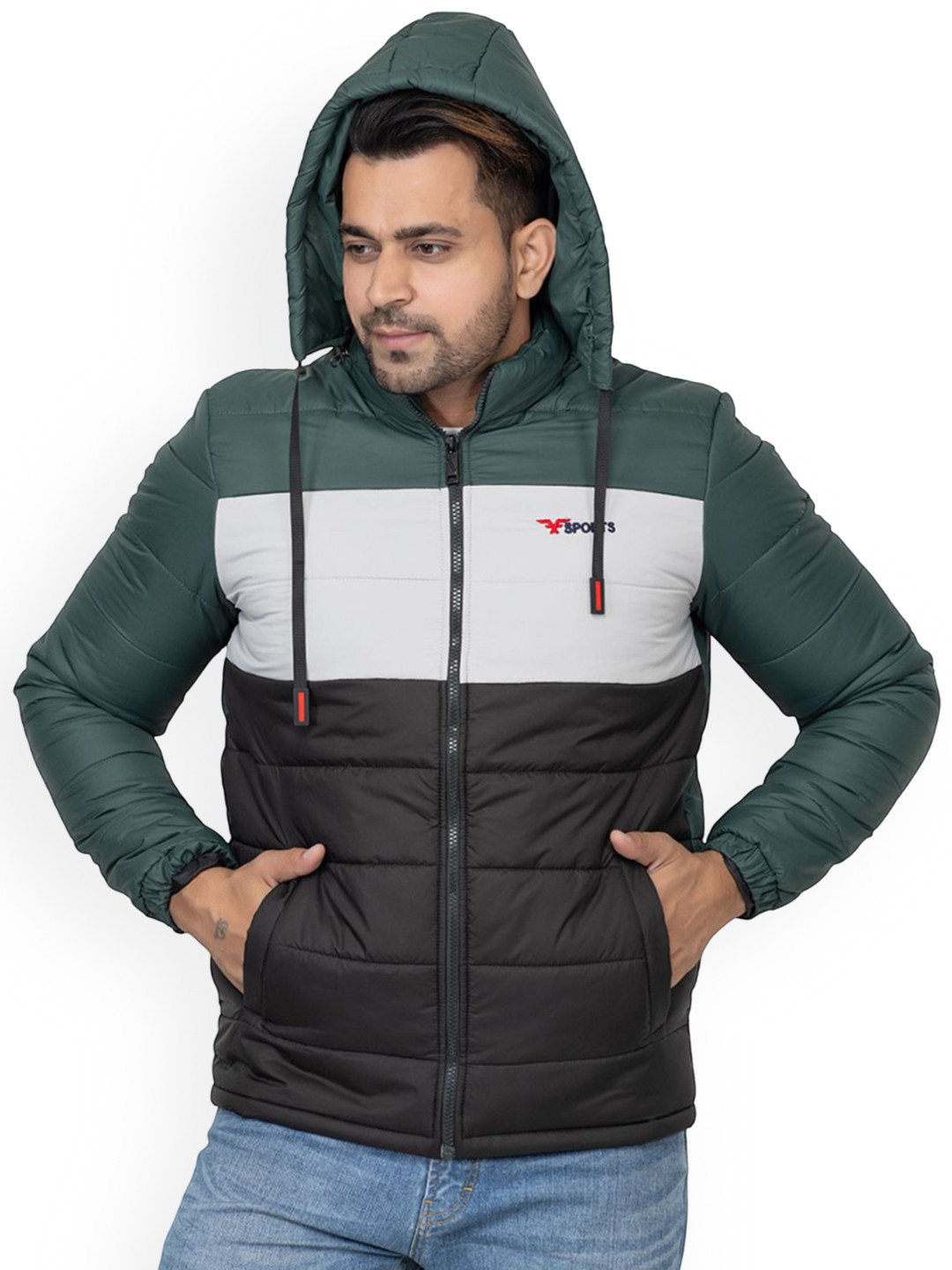 STYLOPLEX Colourblocked Hooded Puffer Jacket