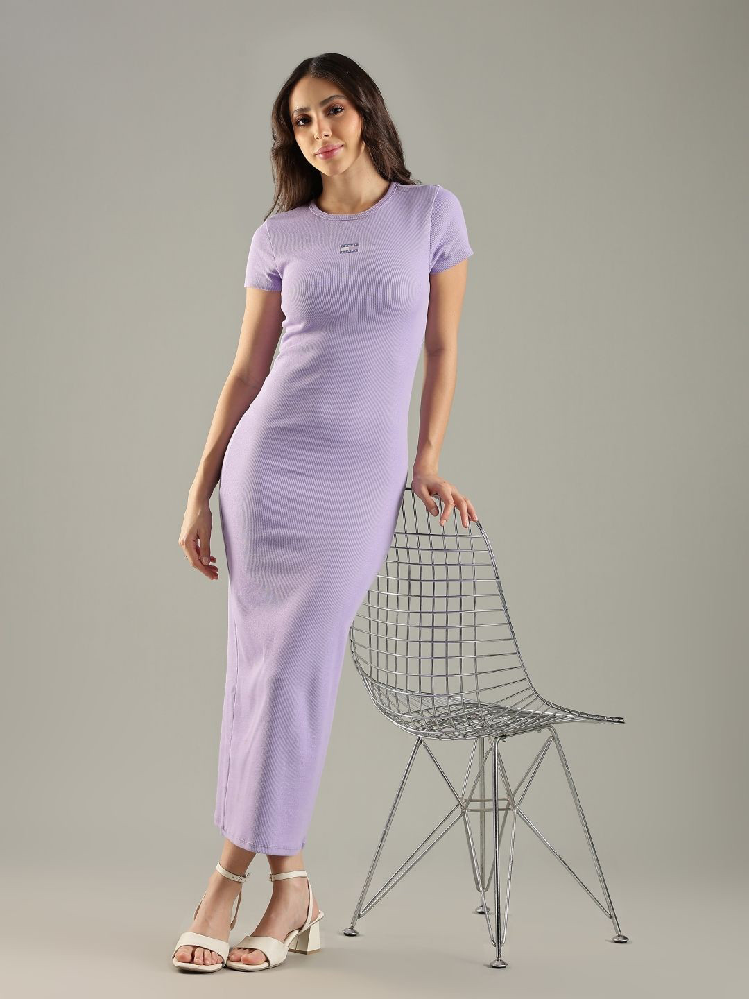 Tommy Hilfiger Europe Women Brand Logo Self Design Crew Neck Bodycon Maxi Dress