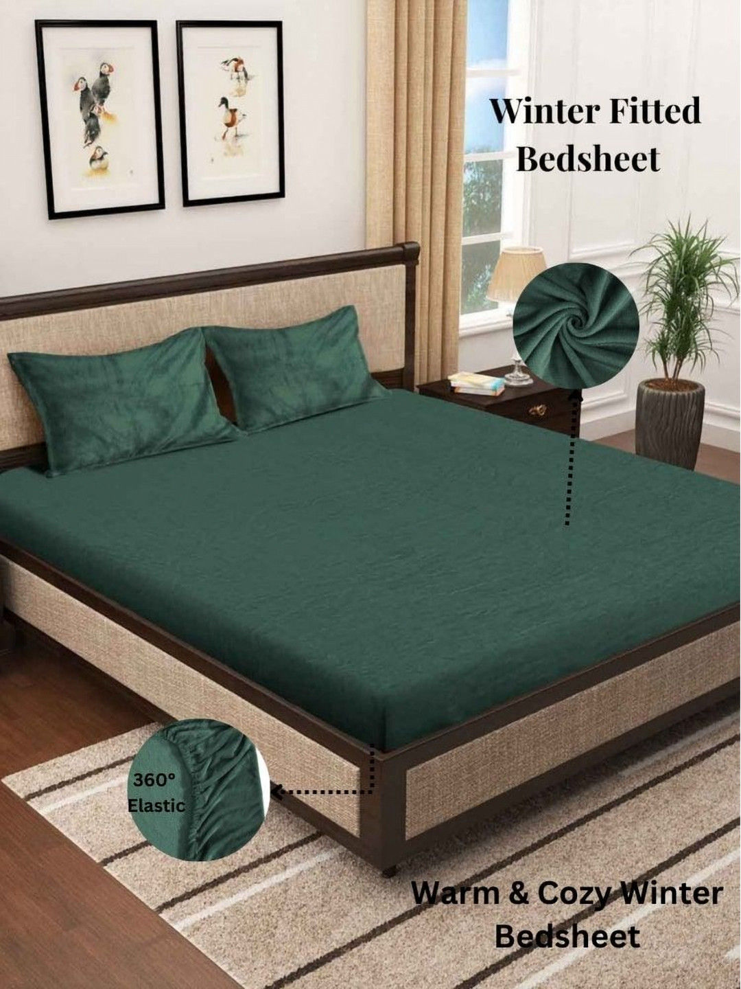 Aura Green Solid Woolen King Size Winter Fitted Bedsheet & 2 Pillow Covers 2.35 m X 2.15 m