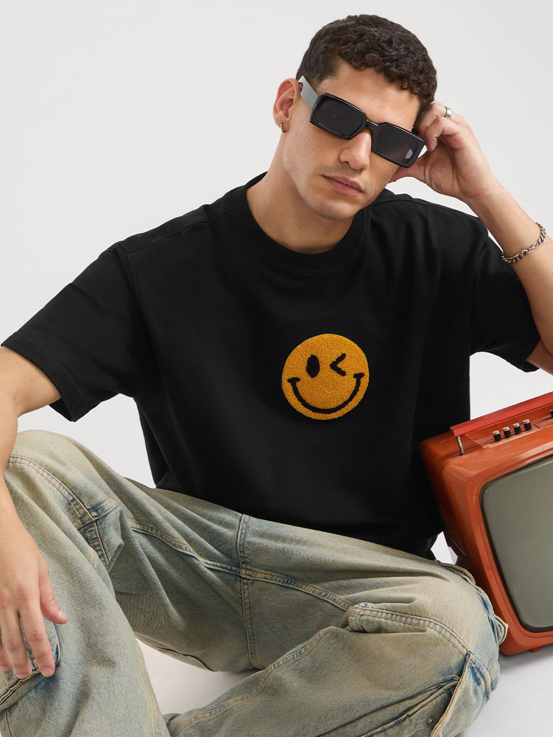 The Souled Store Smiley Graphic Embroidered Pure Cotton Oversized Fit T-shirt