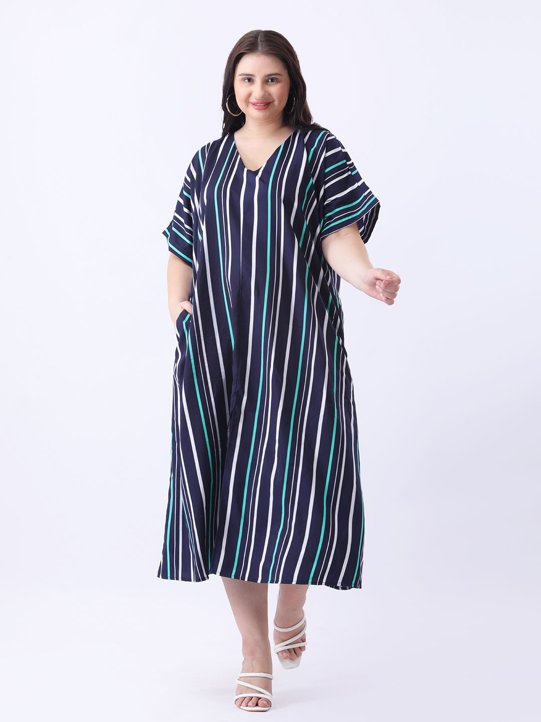 Qurvii Striped Kaftan Midi Loose Fit Dress