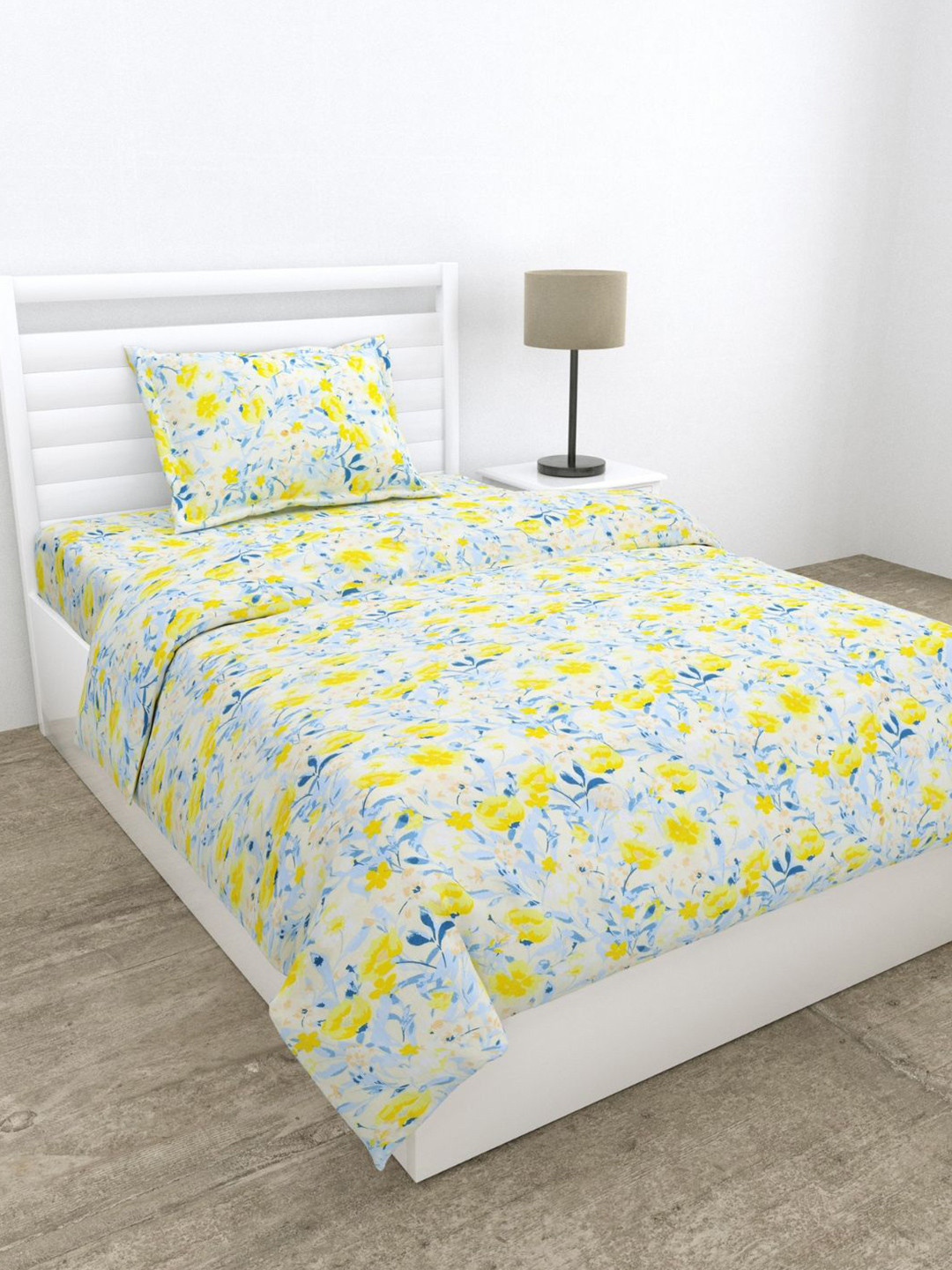 haus & kinder Floravue White Printed Pure Cotton 186 TC Single Bedsheet Set 1.53 x 2.55m
