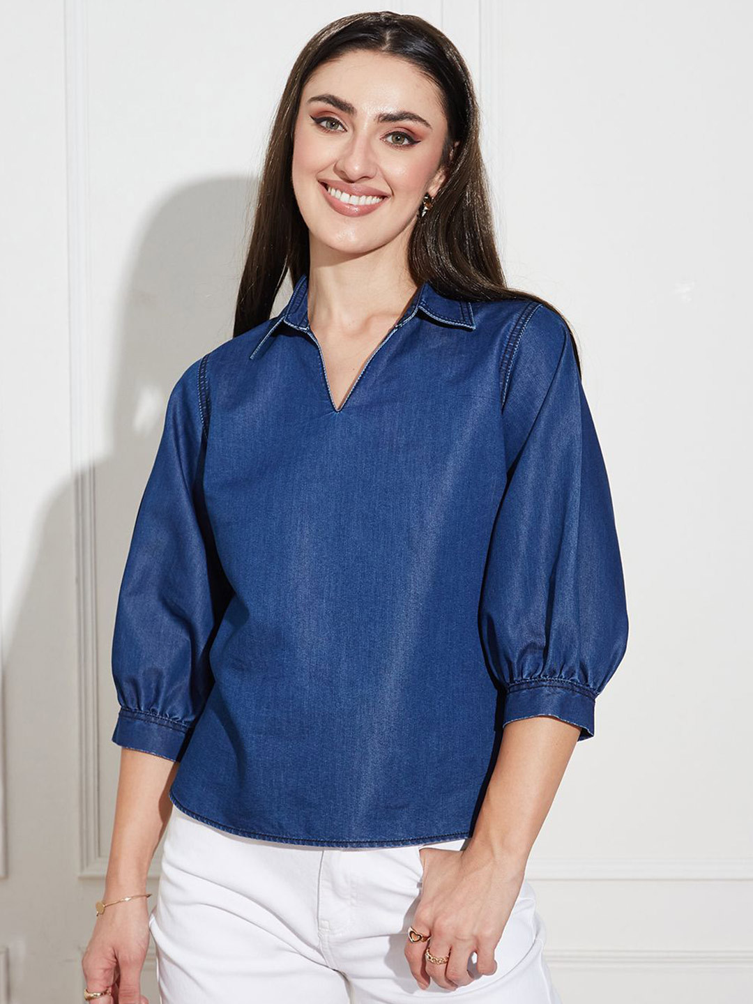 Miss Chase V-Neck Denim Shirt Style Top