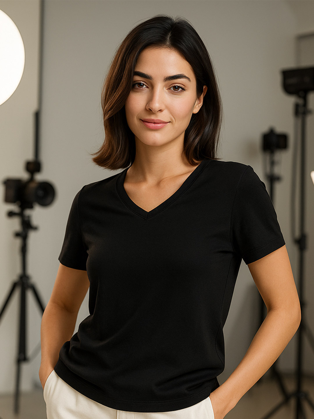 JUNEBERRY Women Black Solid V Neck Regular Fit Pure Cotton Full Sleeve T-Shirt