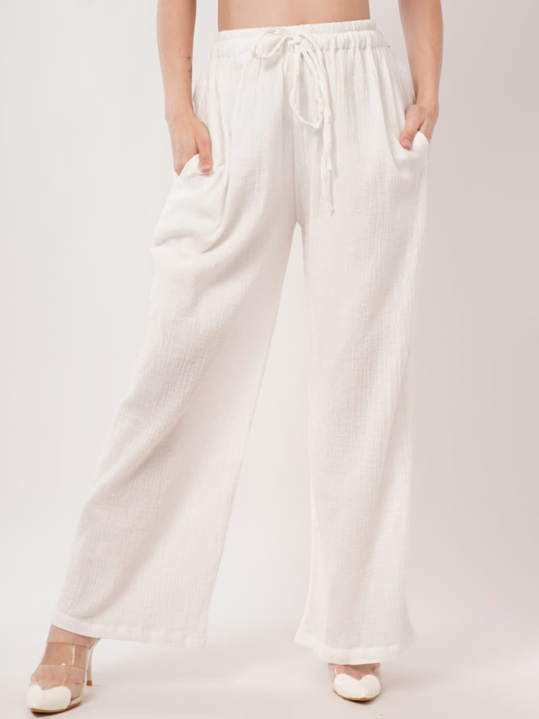 HIGH BUY Women Relaxed Fit High Rise Cotton Breezy No Iron Pleated Trouser