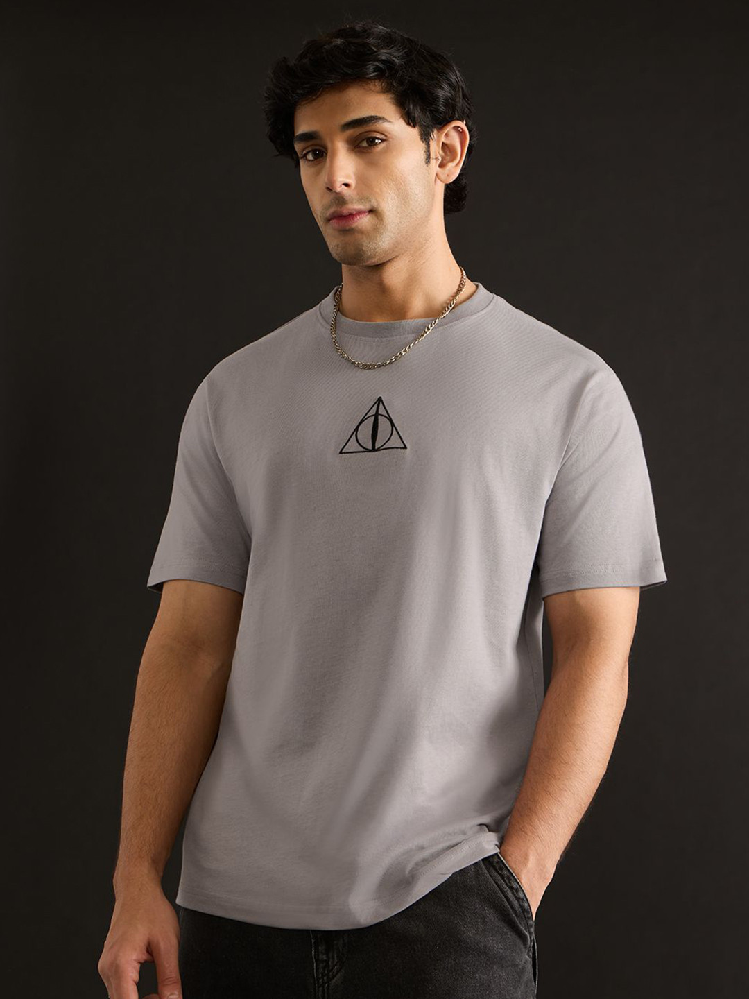 The Souled Store Harry Potter Hallows Typography Printed Pure Cotton Relaxed Fit T-shirt