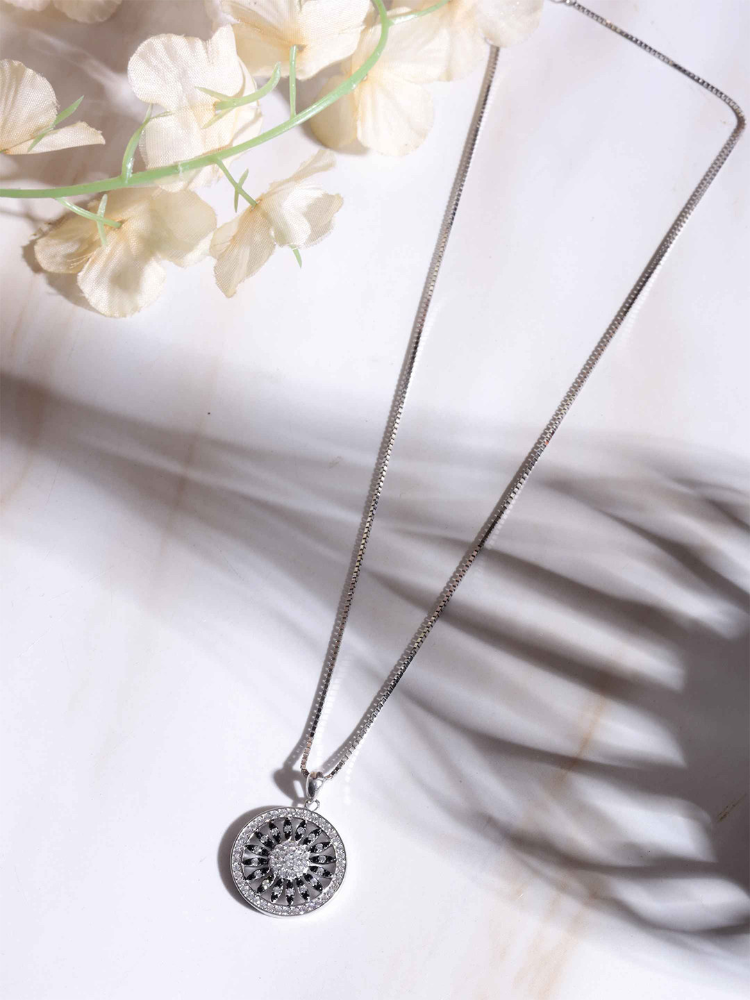 DIAVO 925 Sterling Silver Rhodium-Plated Zircon-Studded Mystic Mandala Pendant With Chain