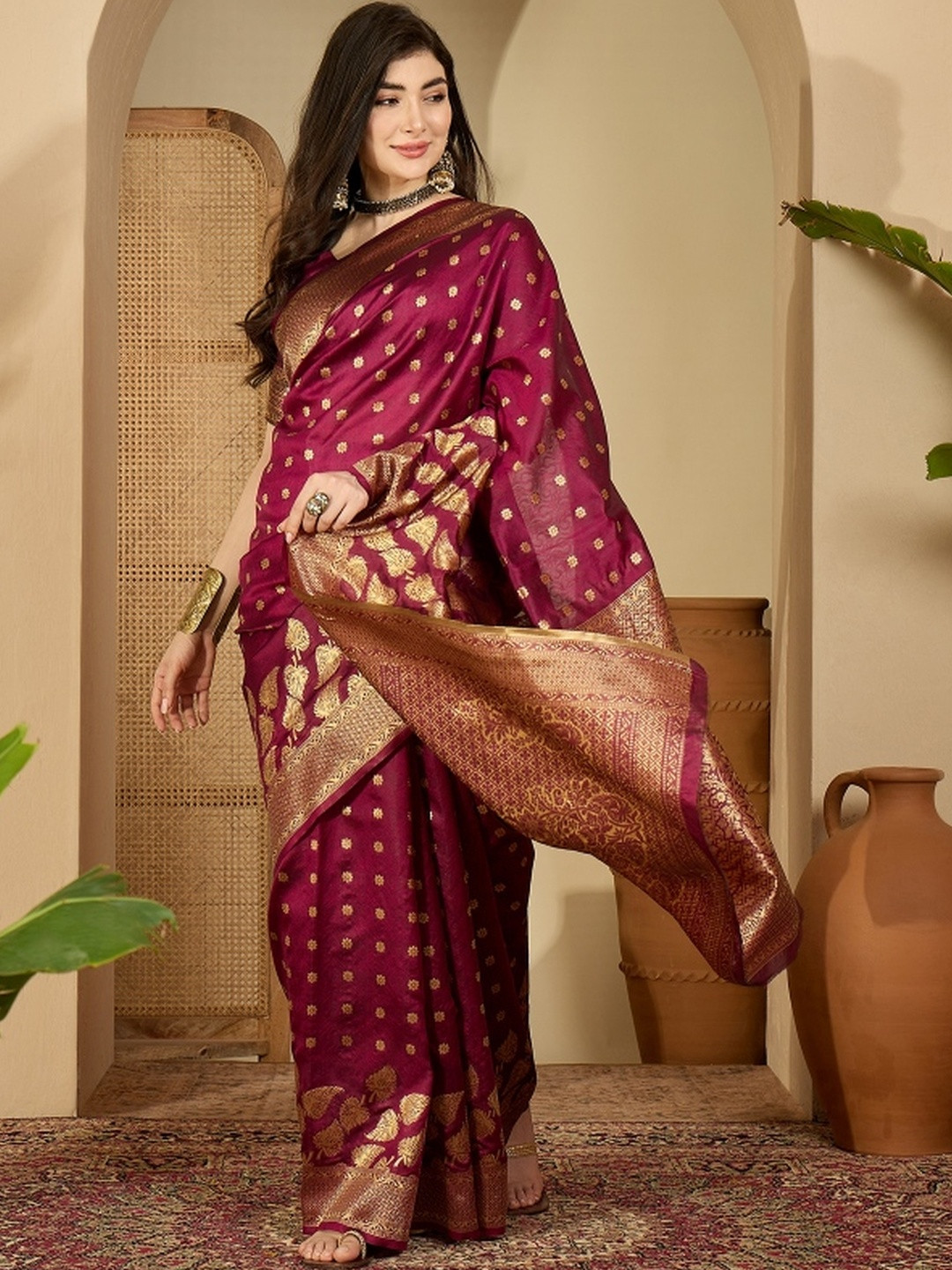 Buy Sangria Purple Silk Blend Woven Design Sarees - - Apparel for Women