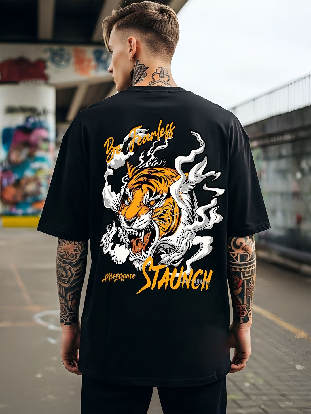 ANGERHOOD Graphic Tiger Printed Drop-Shoulder Sleeves Oversized Cotton T-shirt