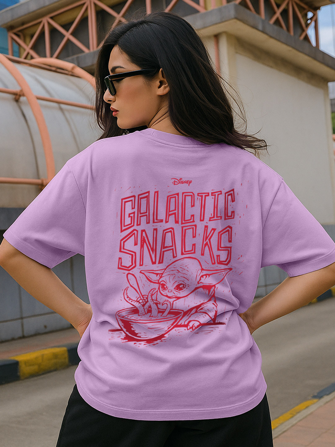 JUNEBERRY Women Star Wars Purple Printed Round Neck Relaxed Fit Oversized T-shirt