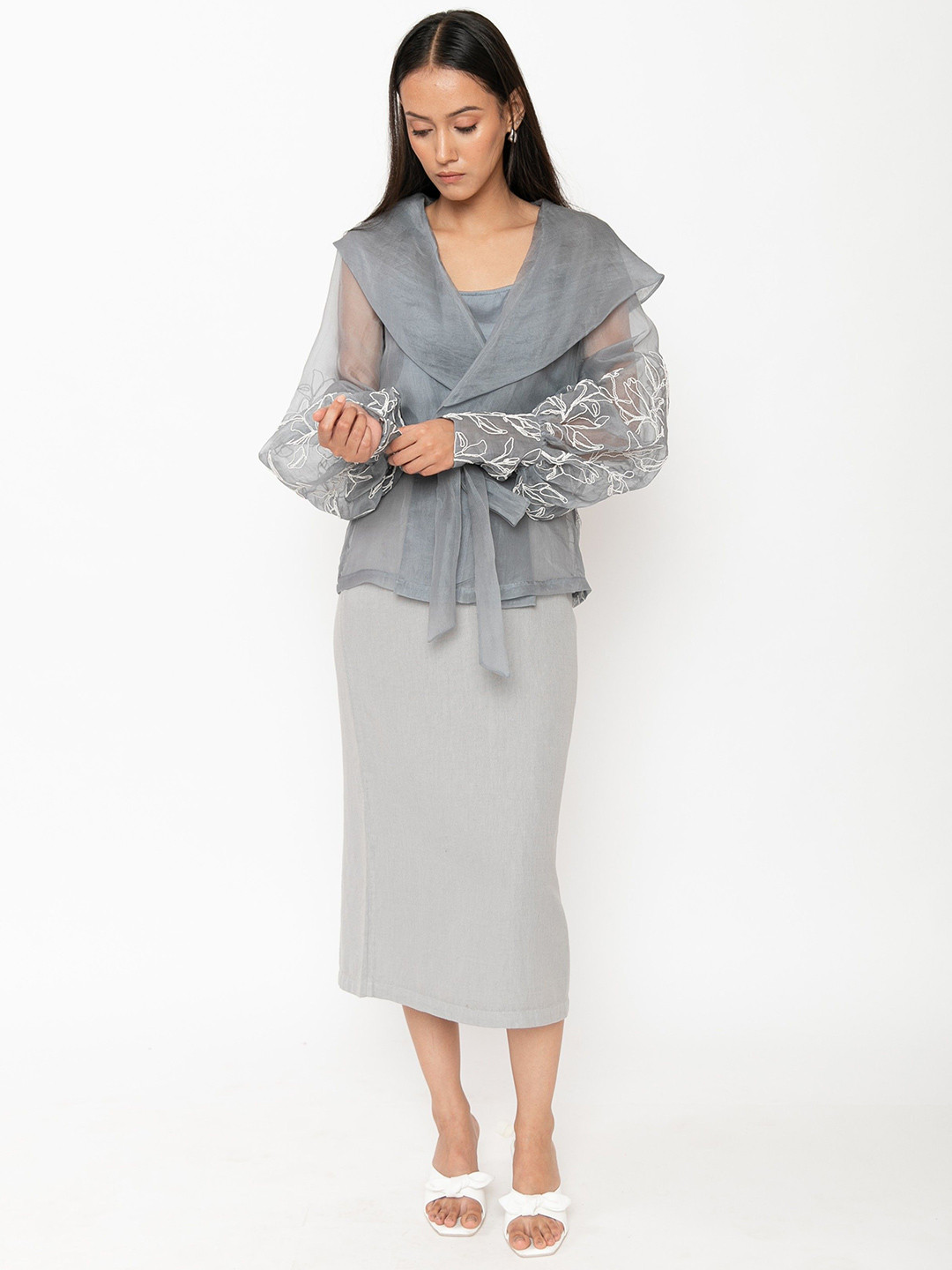 Contemponari Embroidered V-Neck Silk Organza Top
