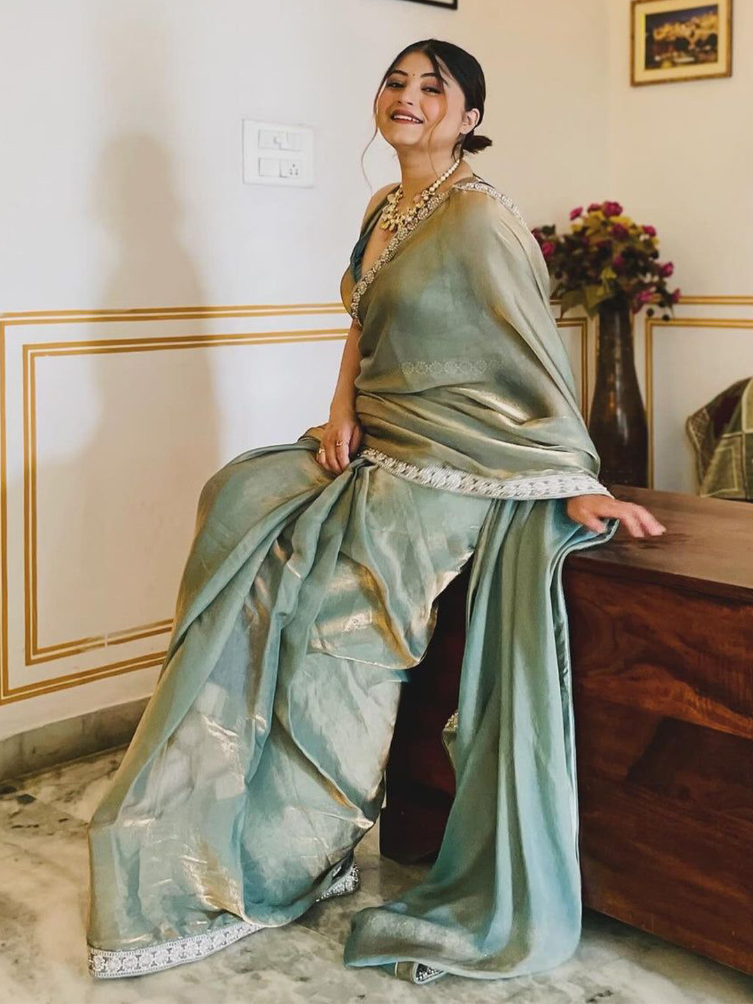 SOBELLESAREES Embellished Beads and Stones Tissue Banarasi Saree With Stitched Blouse