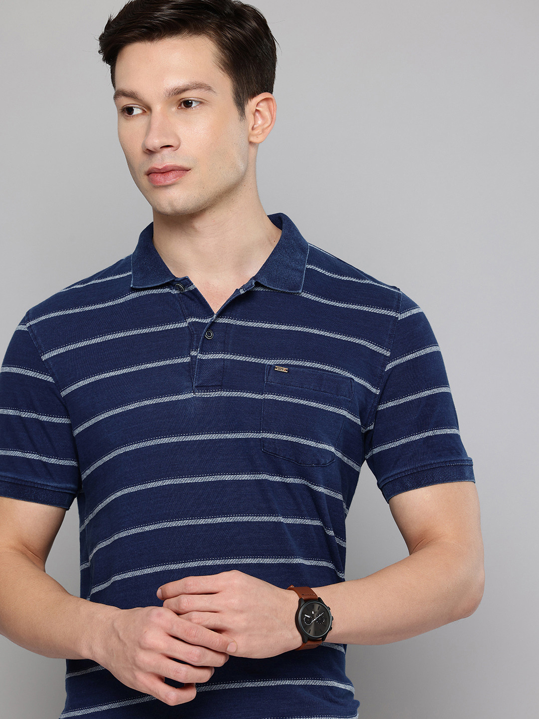 Indian Terrain Striped Polo Collar Pure Cotton T-shirt