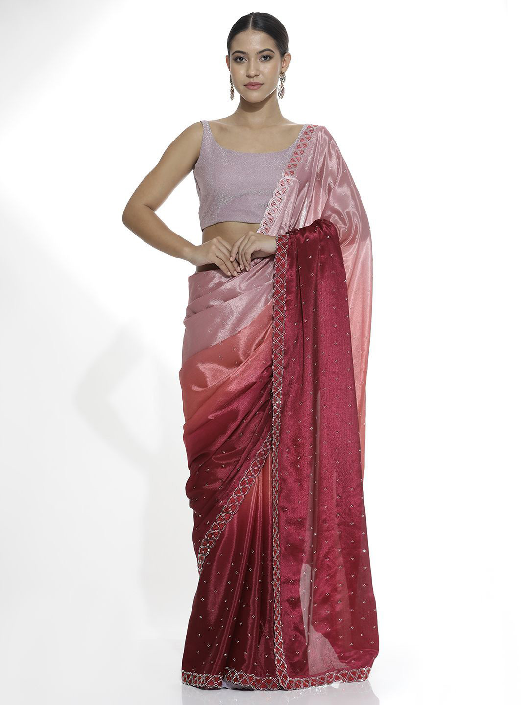 Desi Fusion Ombre Beads and Stones Satin Saree