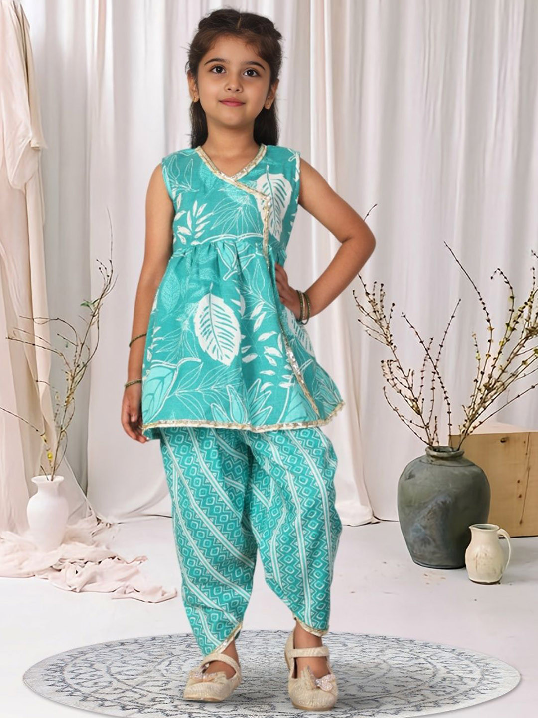 Cutiekins Girls Floral Printed Angrakha Gotta Patti Kurta With Dhoti Pants