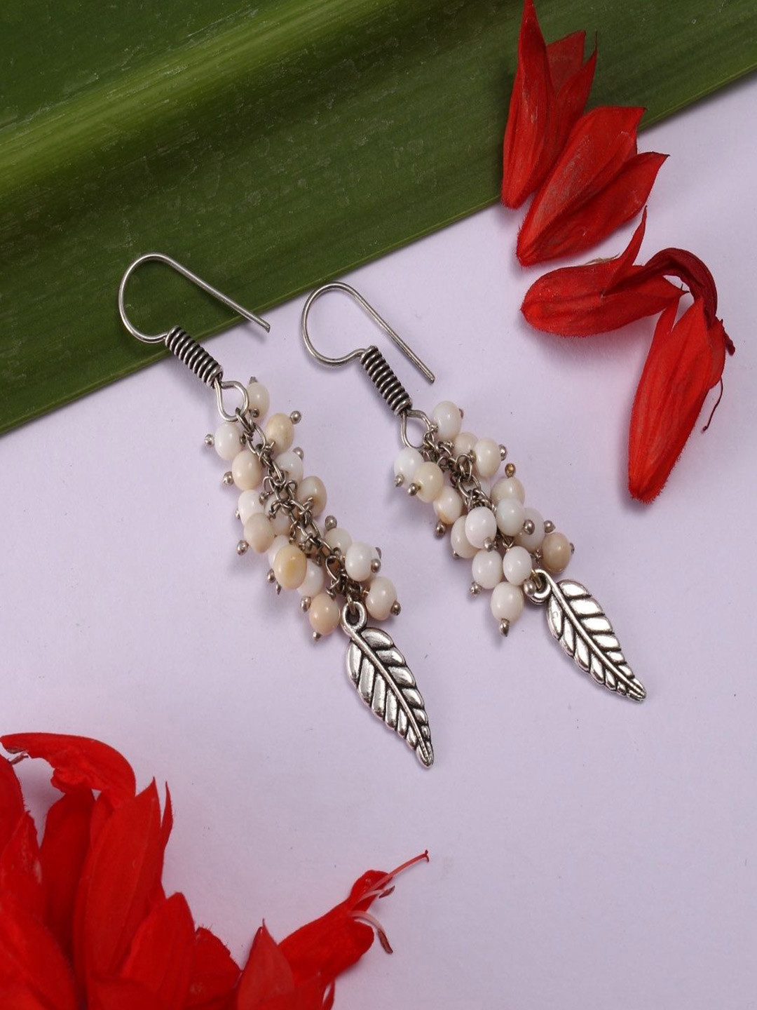 Shrim jewels Brass-Plated Opal Beaded Feather Shaped Oxidised Drop Earrings