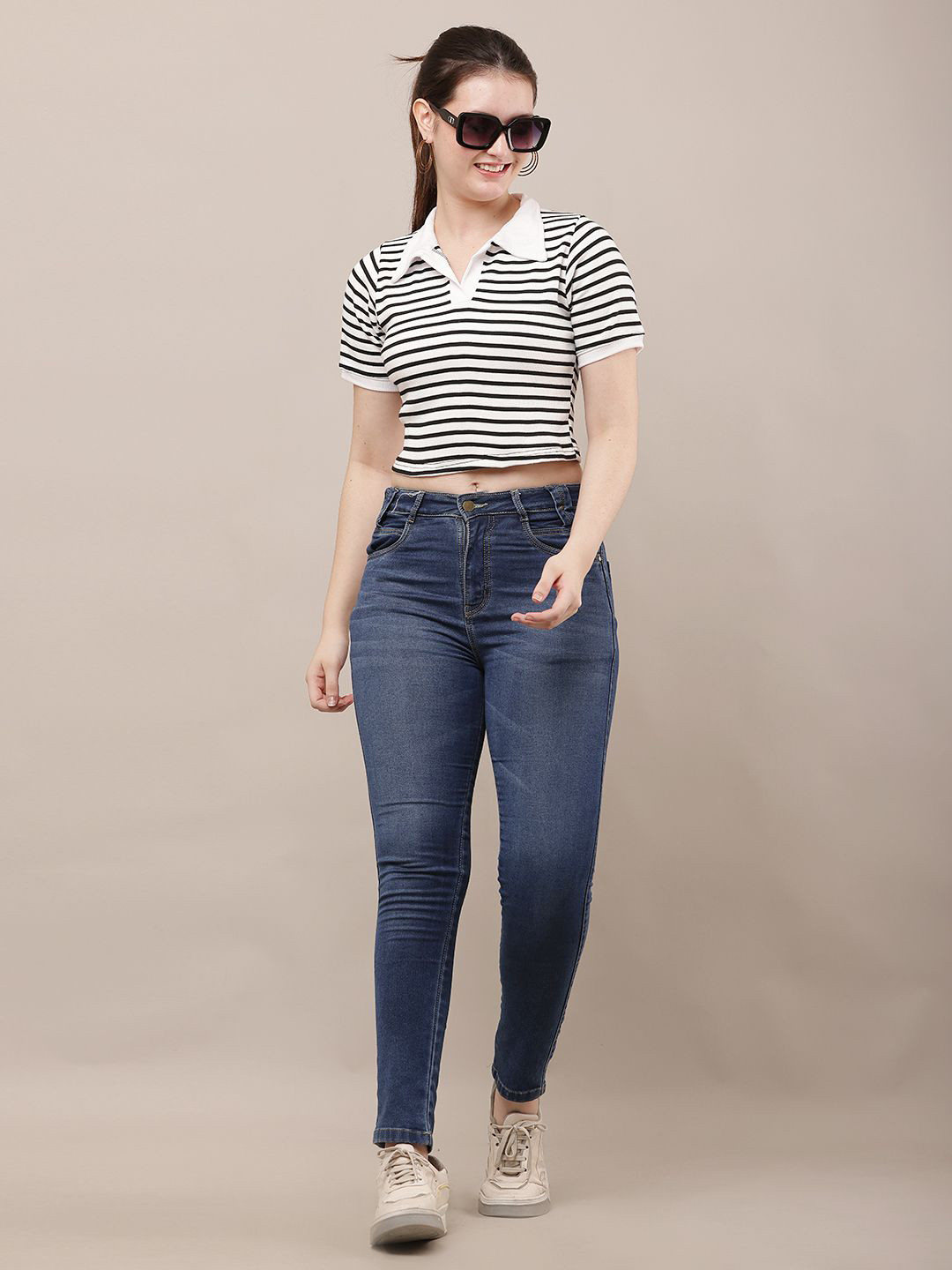 Raabta Fashion Shirt Collar Striped Top