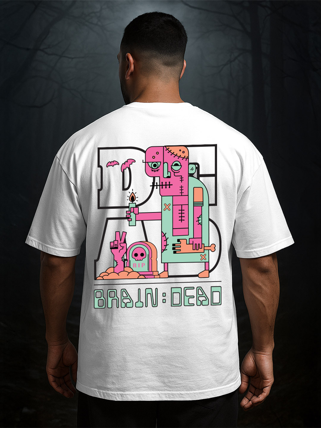 VEIRDO Men White Printed Round Neck Relaxed Fit Pure Cotton Oversized Plus Size T-Shirt