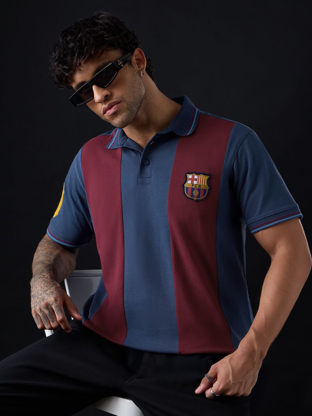 The Souled Store FC Barcelona Colourblocked Polo Collar T-shirt