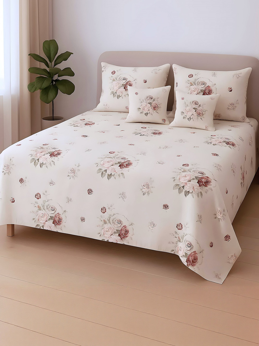 DREAM LIVING 5 Piece Cream Floral Double Bedsheet With Pillow Covers And Cushion Covers