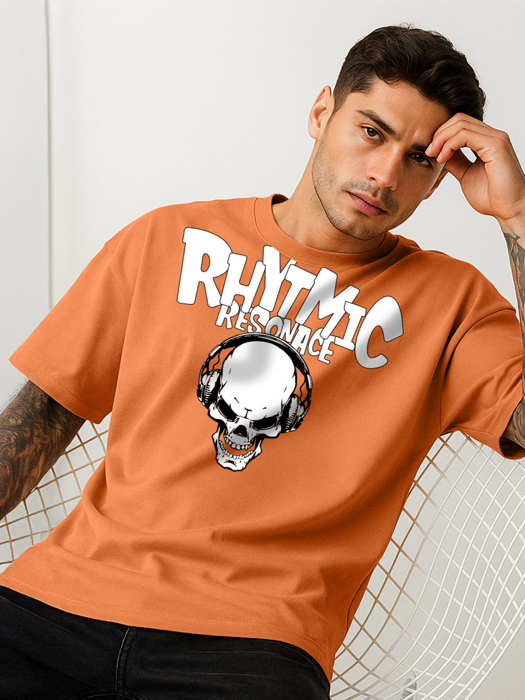 VEIRDO Men Orange Graphic Printed Round Neck Relaxed Fit Pure Cotton Oversized T-Shirt