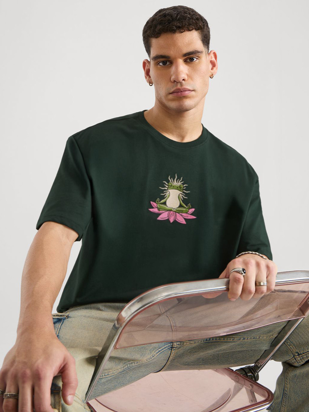 The Souled Store Zen Frog Graphic Embroidered Pure Cotton Oversized Fit T-shirt