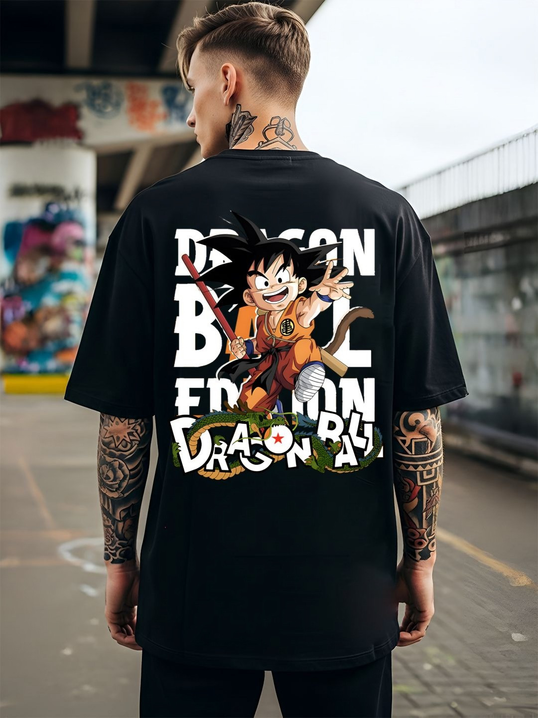 ANGERHOOD Graphic Dragon Ball Z Printed Drop-Shoulder Sleeves Oversized Cotton T-shirt