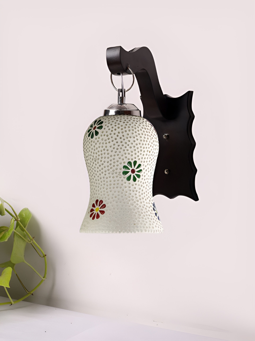 Devansh Brown & White Mosaic Textured Wooden Traditional Bell Wall Lamp