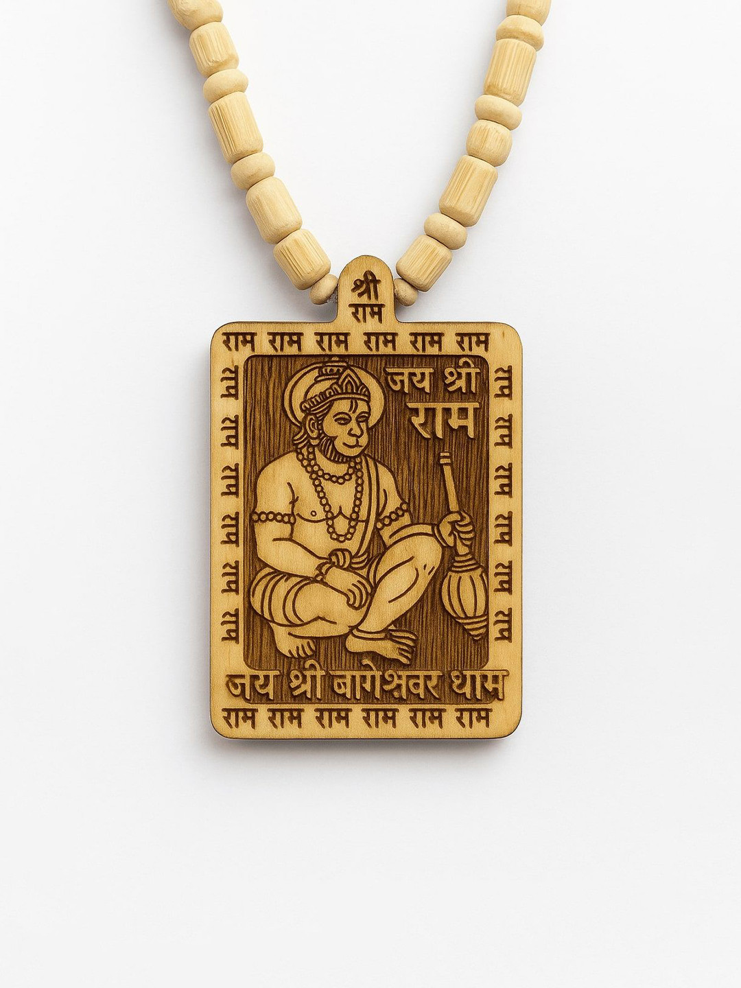 Floky Men Spiritual Wooden Hanuman Ram Bageshwar Dham Necklace