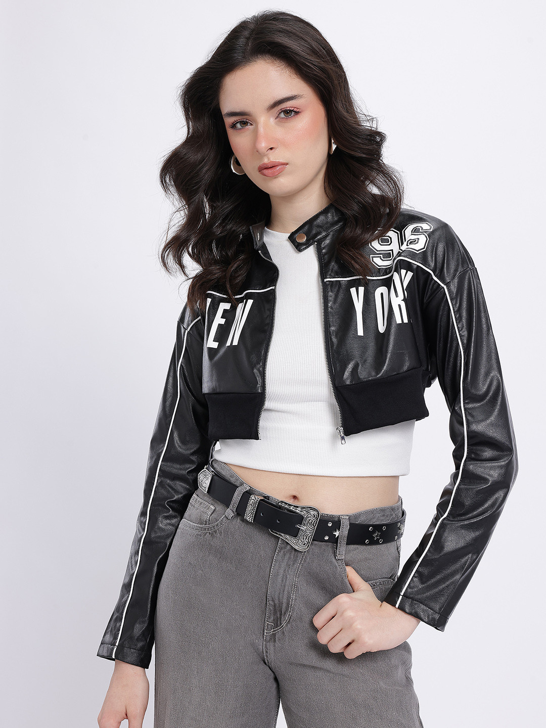 StyleCast x Revolte Faux Leather Printed Crop Biker Jacket