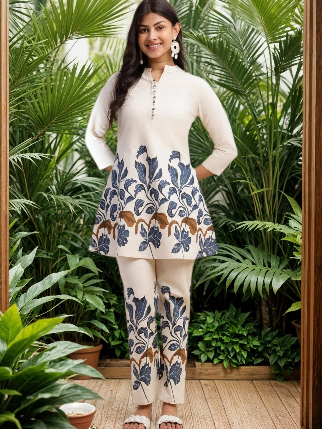 SZN Women's Blue Floral Print A-Line Cotton Flex Stitched Co-Ord Set