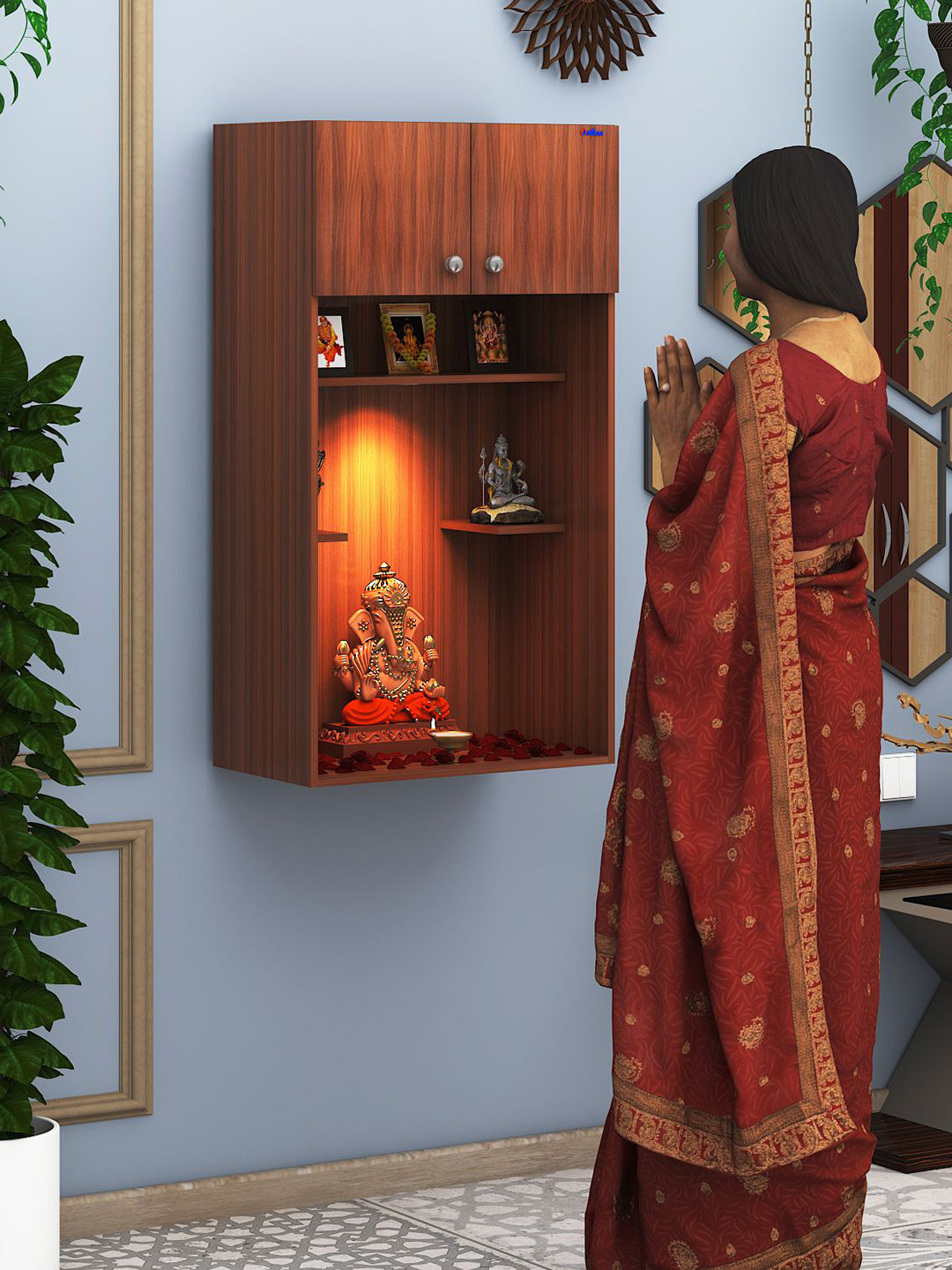 ANIKAA Brown Divyam Mandir Wall Mount  With Led Light Home Temple