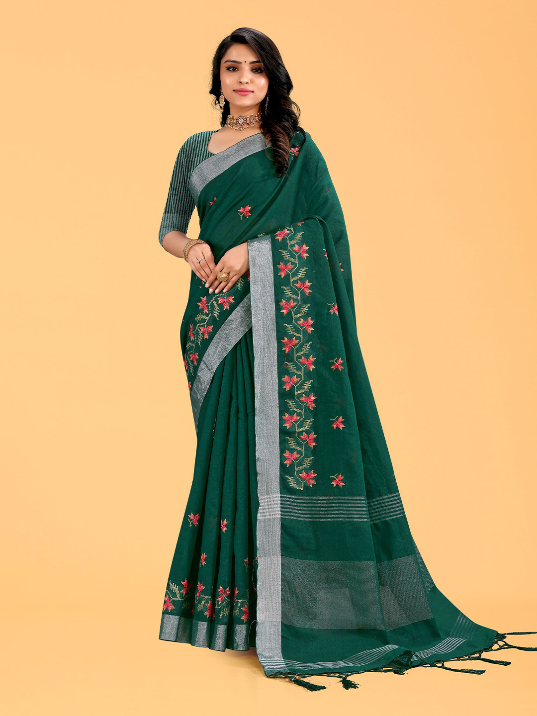 NEGRONI Foral  Embroidered Zari Pure Linen Saree