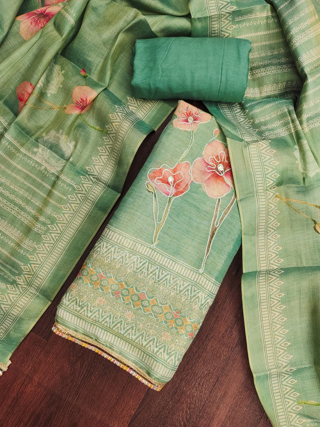 KALINI Embellished Unstitched Cotton Silk Dress Material