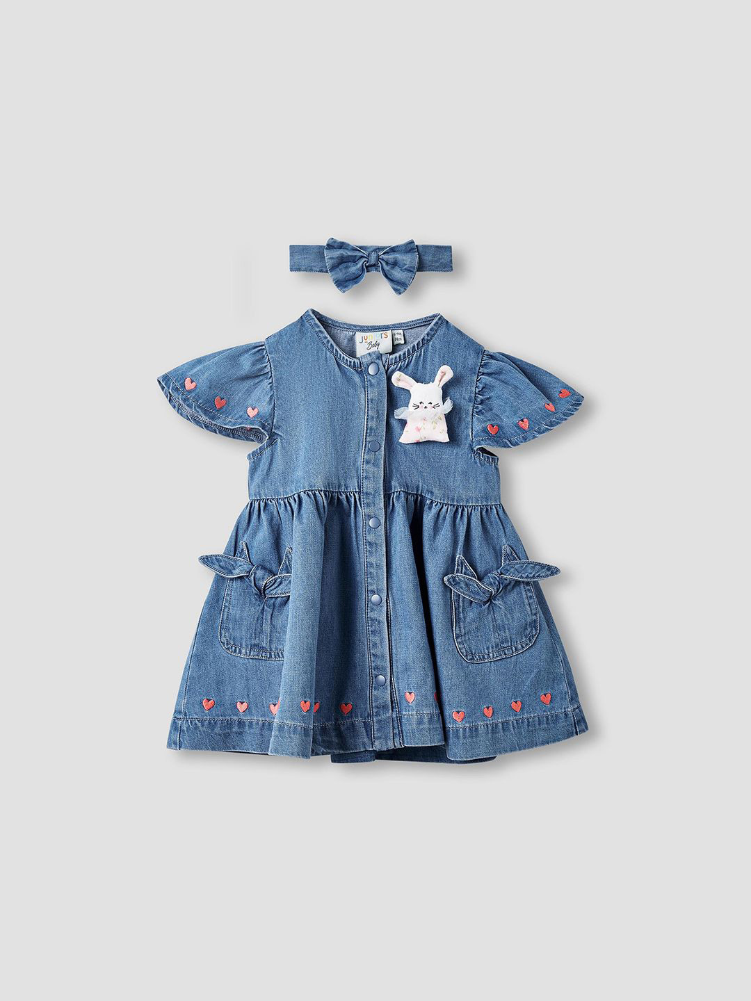 Juniors by Babyshop Infants Girls Printed Cotton Denim Fit & Flare Dress & Headband
