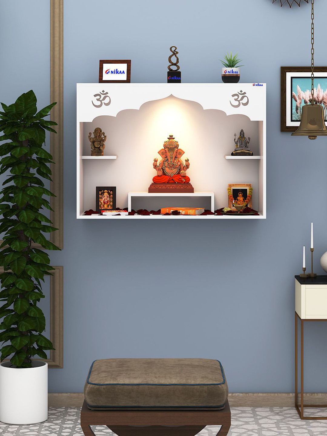 ANIKAA White Raya Pooja Mandir Laser Cut Om Design Home Temple