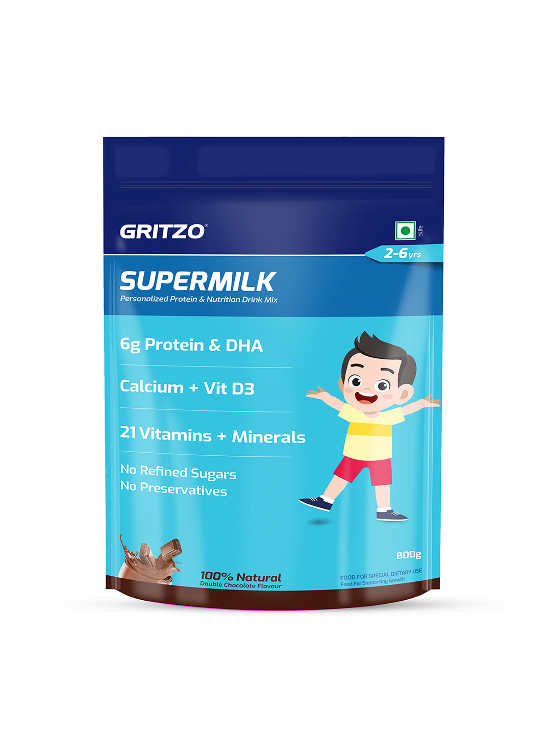 Gritzo SuperMilk Daily Nutrition 6g Protein Powder- Double Chocolate- 800g