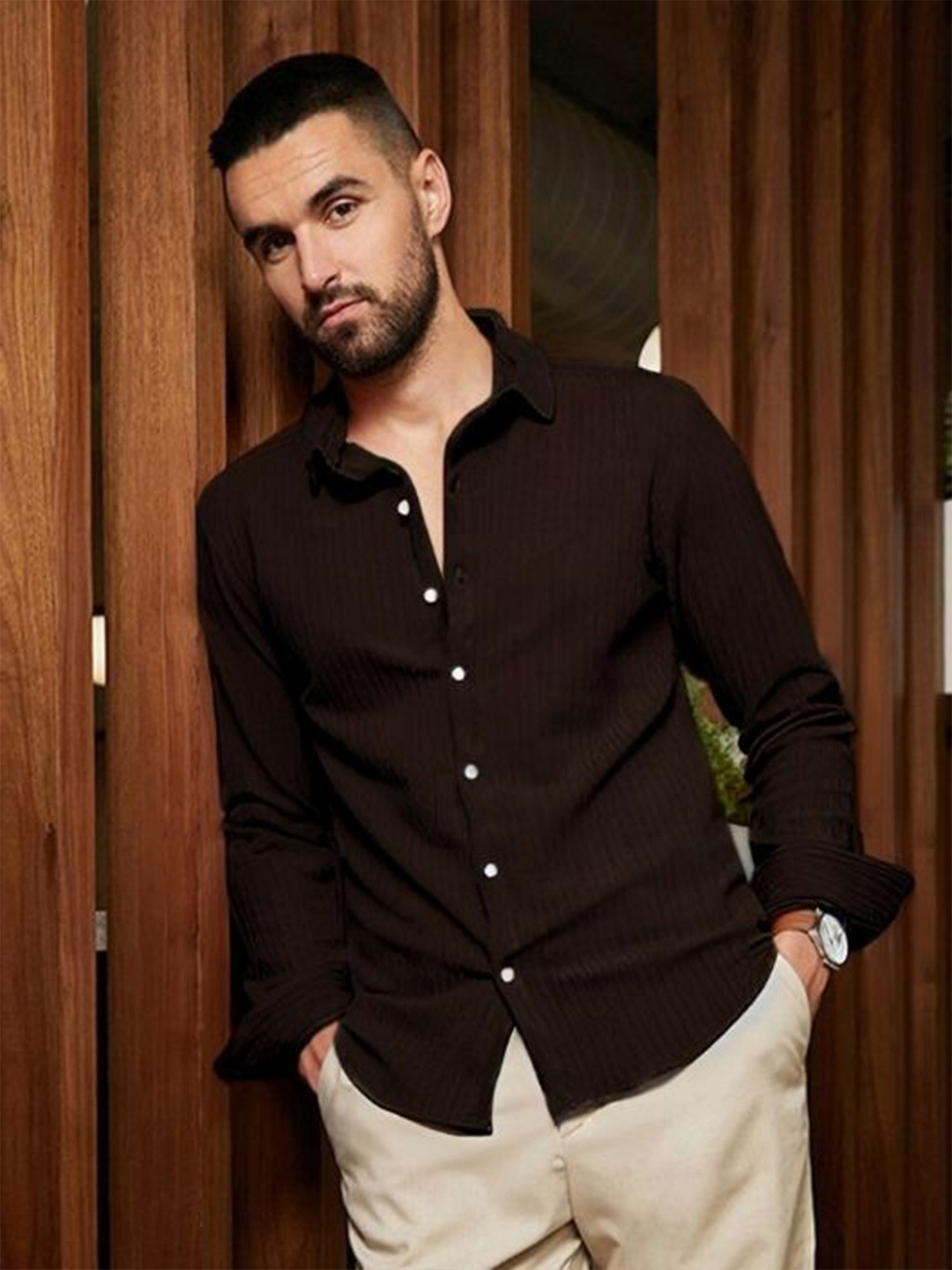 URBANICE Standard Cutaway Collar Vertical Stripes Striped Opaque Shirt